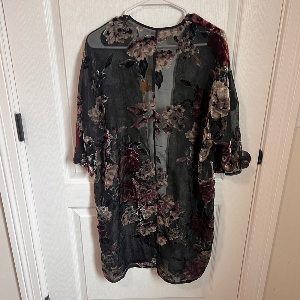 Three Eighty Two Black Floral Velvet Burnout Kimono Duster Cardigan Jacket M - Picture 5 of 8